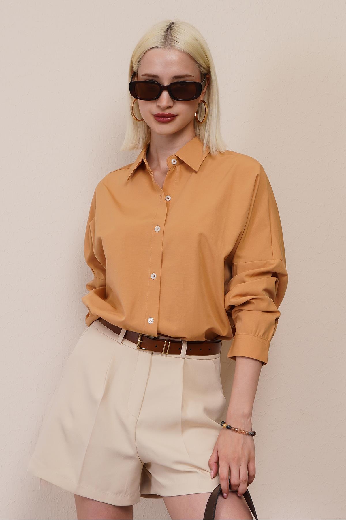 Madmext Mad Girls Camel Oversize Gömlek MG1369