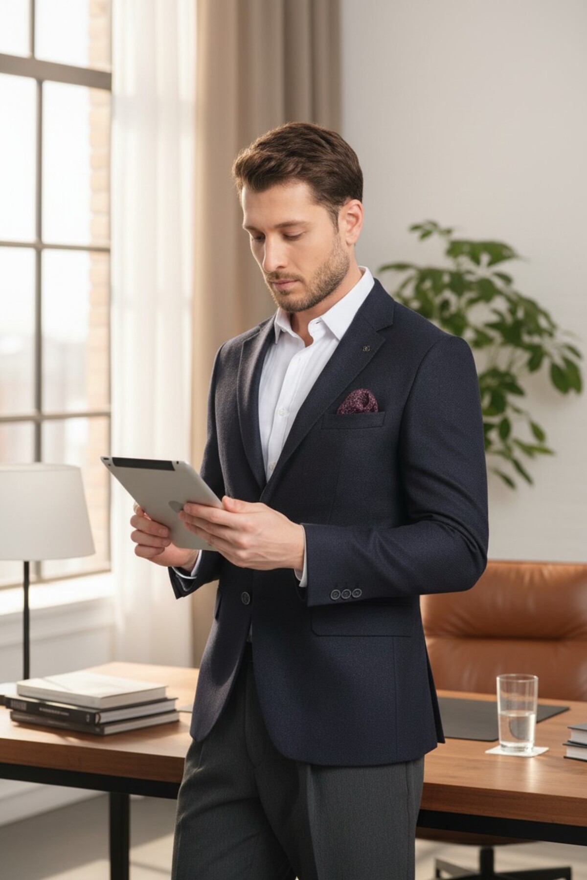 Frappoli  Baselnaa Erkek Koyu Lacivert Battal Büyük Beden Dar Kesim Astarlı Düğmeli Basic Blazer Ceket - Görsel 2