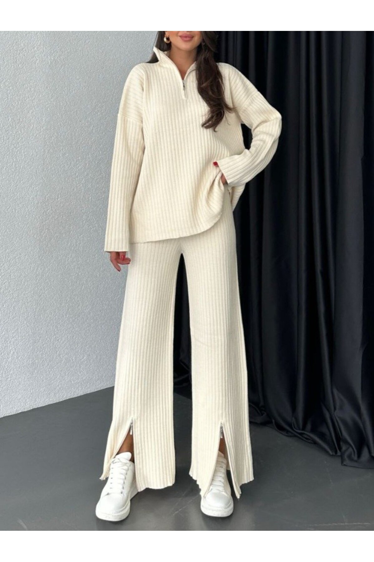 Zipper Detail Knitwear Sweater Trousers 2 Piece Set