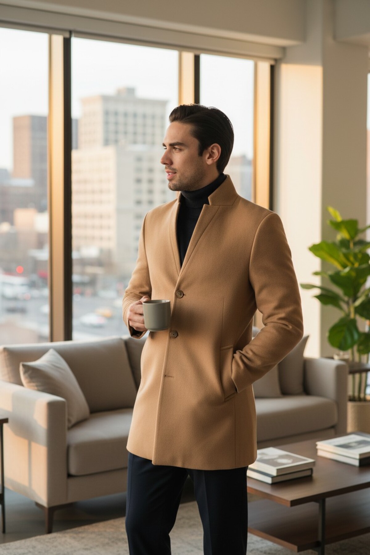 Frappoli  Bergamo Erkek Camel Regular Fit Dik Yaka Kaşe Kaban - Görsel 4