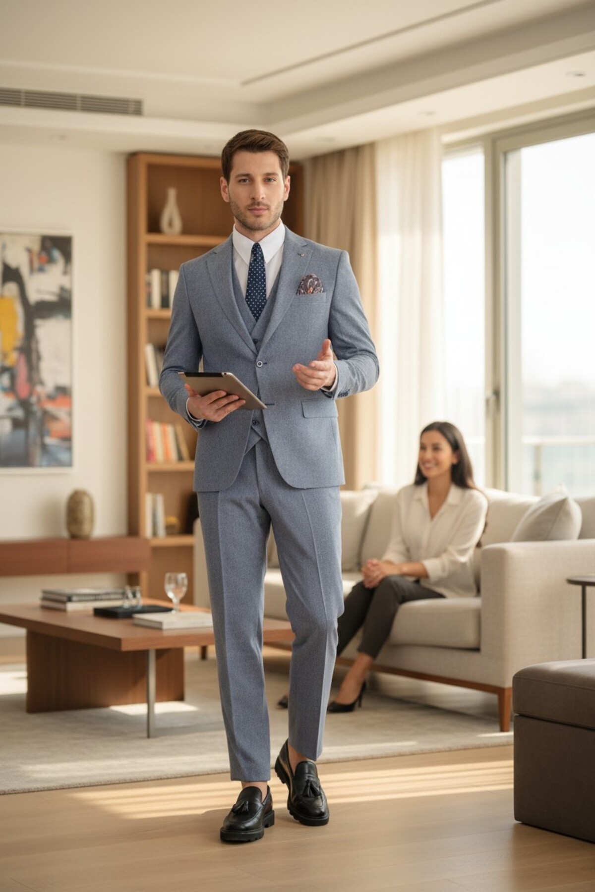 Frappoli Lacivert Slim Fit Erkek Düz Mono Yaka Çift Yırtmaçlı Astarlı Takim Elbise