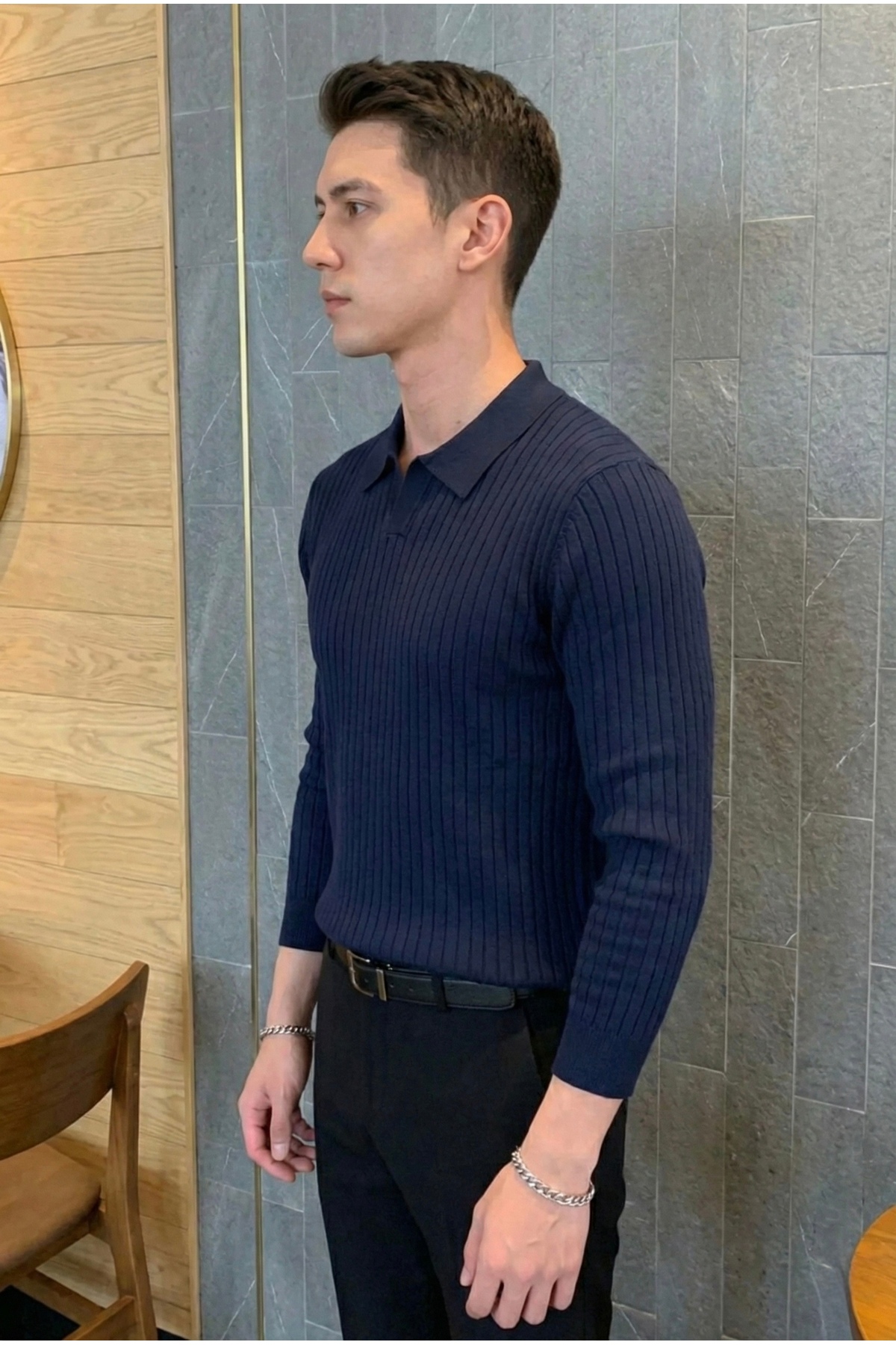 Tarz Cool Lacivert Erkek Polo Yaka Fitilli Triko Kazak görsel 2