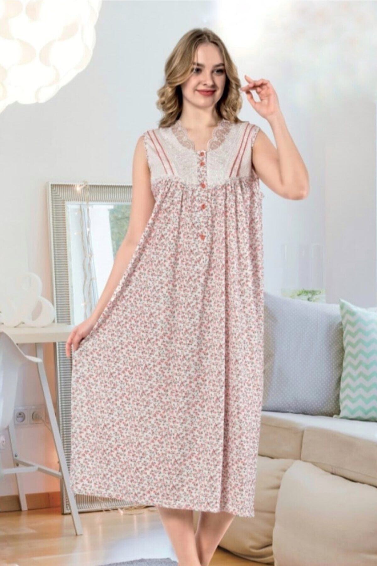 ATINÇ Japone Kol Düğmeli Pamuk Gecelik