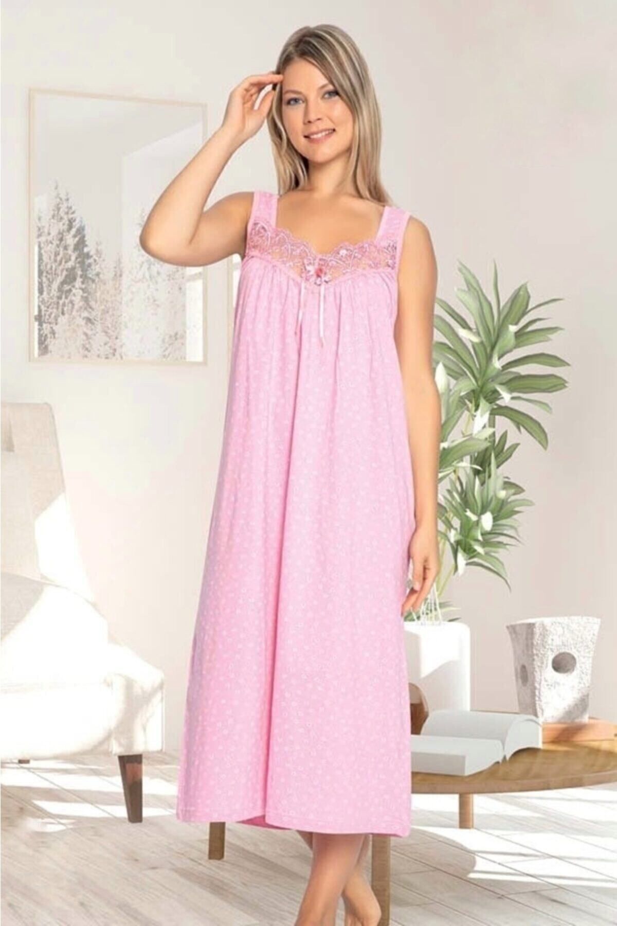 ATINÇ Kalın Askılı Kolsuz Pamuk Uzun Yazlık Gecelik