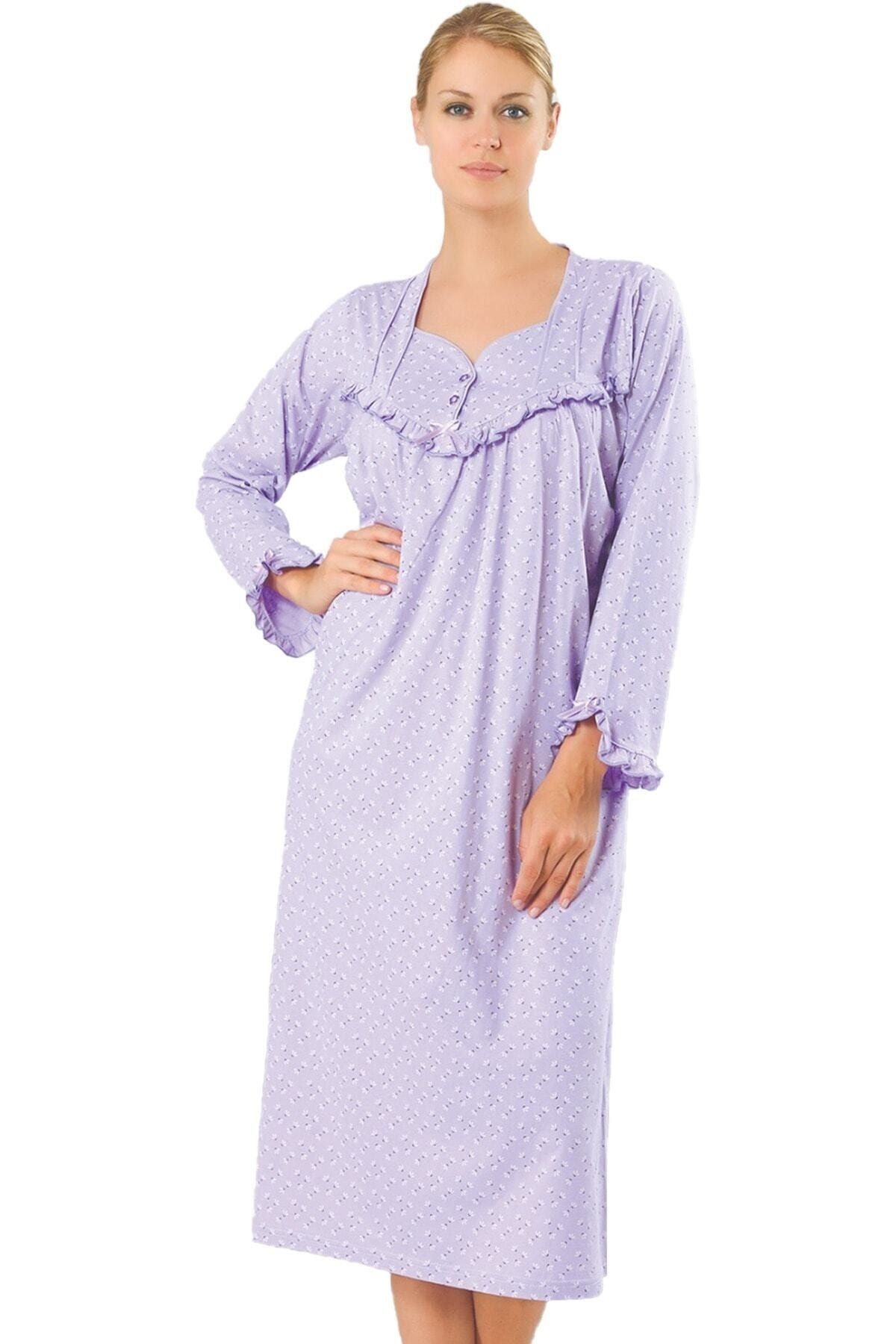 ATINÇ 136r Lila Pamuklu Battal Büyük Beden Uzun Kollu Anne Geceliği