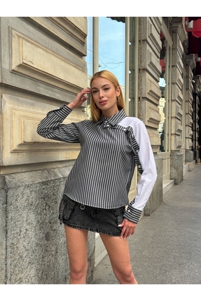 MAMAYAGA Kadın Özel Tasarım Yaka Kol Düğmeli Çizgili Garnili Bluz Boy Pamuk C...