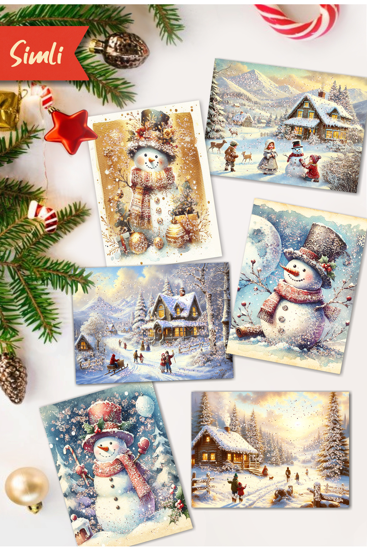 Mia Pera 6 Lı Simli Yılbaşı Kartpostal Seti Yeni yıl Kış Manzara Kardan adam Noel Baba Nostalji