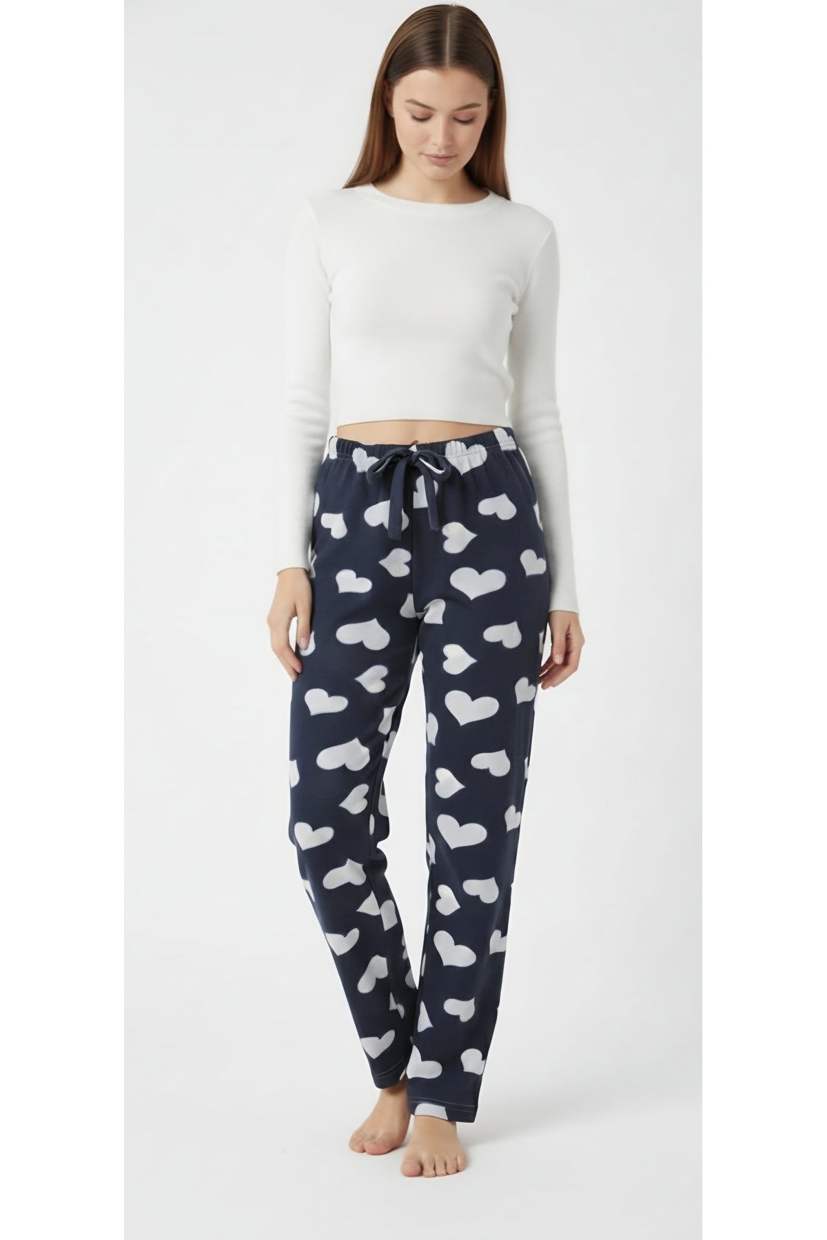 noend Kışlık Polar Cepsiz Kalp Desen Beli Lastikli Kadın Pijama Altı