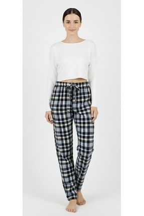 noend Kışlık Polar Cepsiz Ekose Desen Beli Lastikli Kadın Pijama Altı