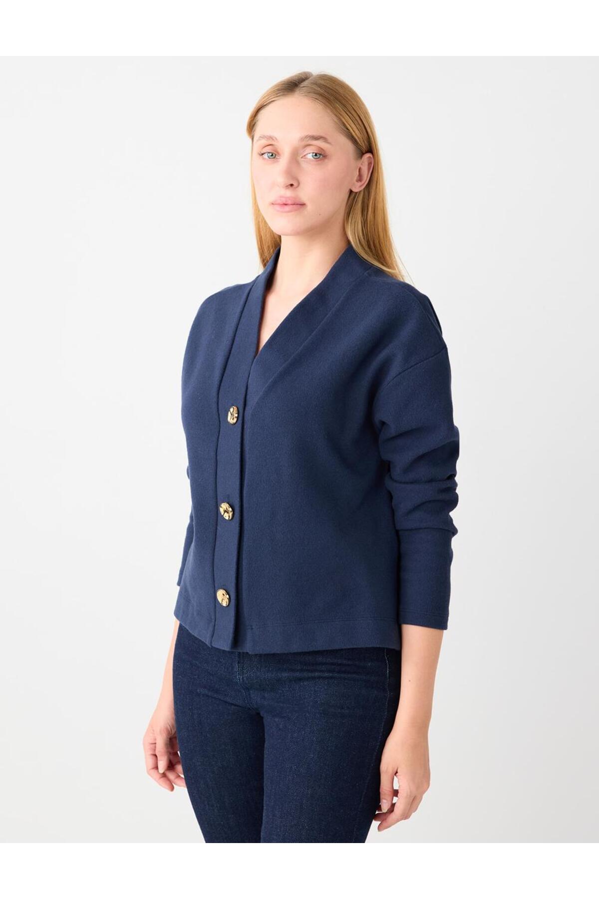 Jimmy Key  Lacivert Rahat Kesim V Yaka Yumuşak Dokulu Örme Hırka - Görsel 3