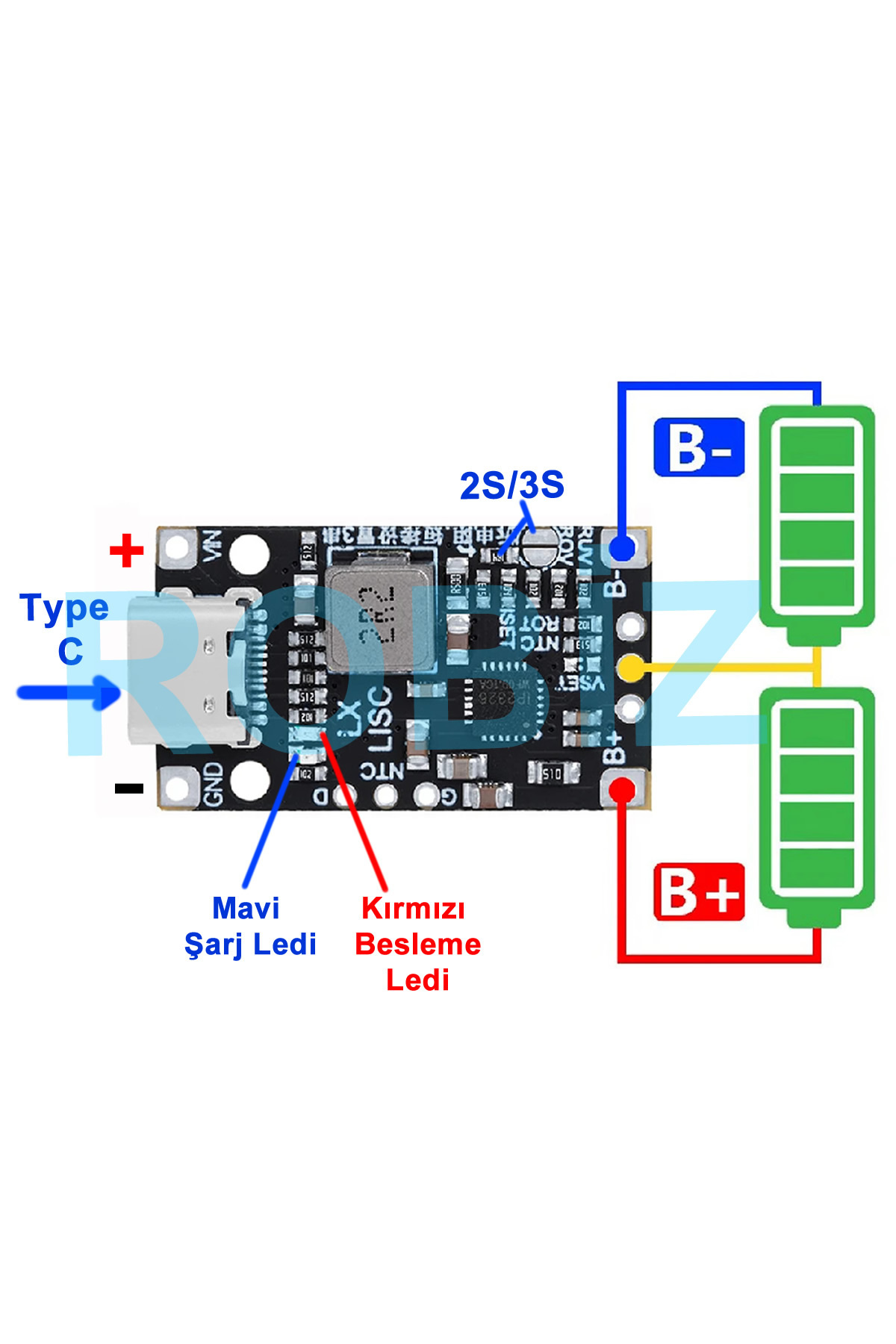 ROBİZ 2S IP2326 Lityum Pil Şarj Devresi 1.5A 15W 3S Li-ion Type-C USB Giriş 8.4V Batarya Akü 18650 QC