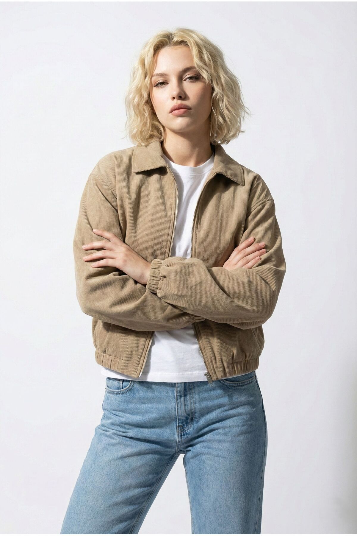 Ceylen  Kadın Oversize Pamuklu Gabardin Klasik Yaka Fermuarlı Casual Ceket Mont - Görsel 2