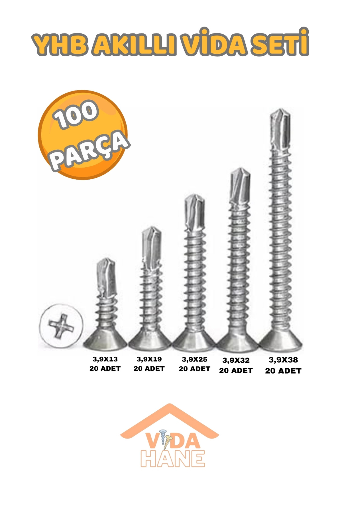 Std VİDA HANE 100 PARÇA YHB AKILLI VİDA SETİ 3,9X13 - 3,9X19 - 3,9X25 - 3,9X32 - 3,9X38 PH2
