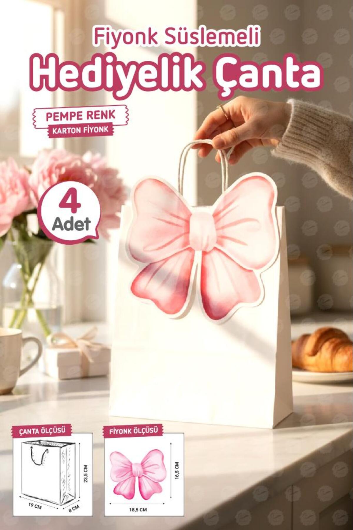 t tuğset etiket Burgu Saplı Karton Kurdeleli Çanta 4 adet Hediye Paketi Çanta Poşet (Pembe)doğum günü, düğün, bebek fotoğrafı 2 (önizleme)