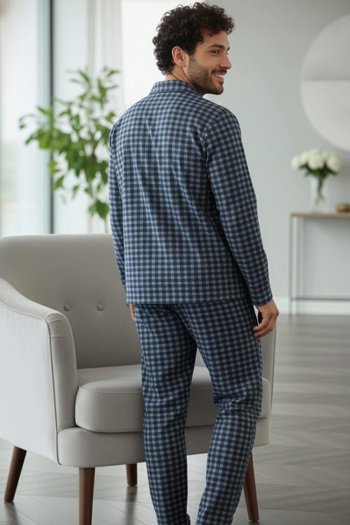 Pijamaevi Lacivert Gri Ekose Desenli Önden Düğmeli Elegant Erkek Pijama Takımı görsel 5