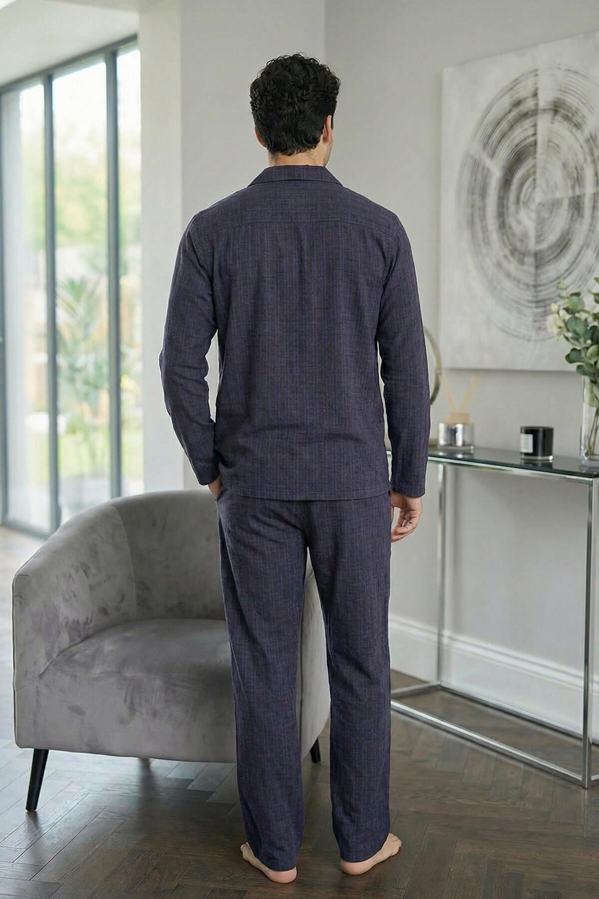 Pijamaevi Lacivert Beyaz Ekose Desenli Önden Düğmeli Elegant Erkek Pijama Takımı görsel 5