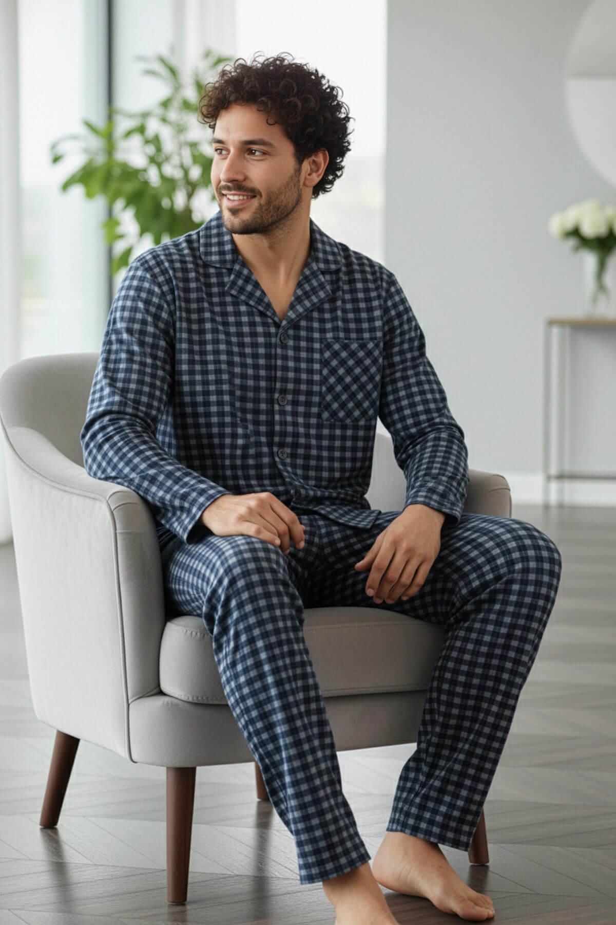 Pijamaevi Lacivert Gri Ekose Desenli Önden Düğmeli Elegant Erkek Pijama Takımı görsel 2