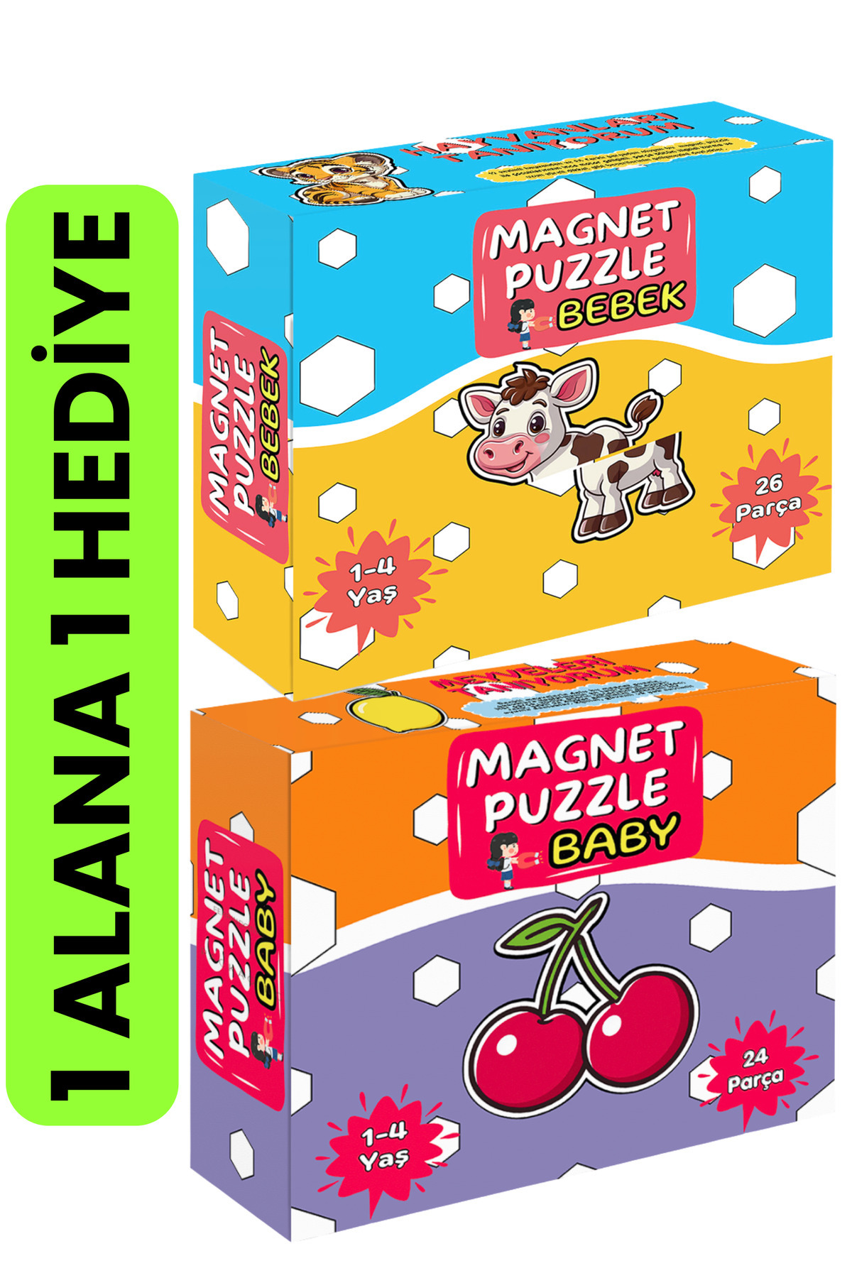 minkino 2'li Magnet Puzzle Seti | 1 Alana 1 Bedava | Hayvanları Tanıyorum-Meyveleri Tanıyorum