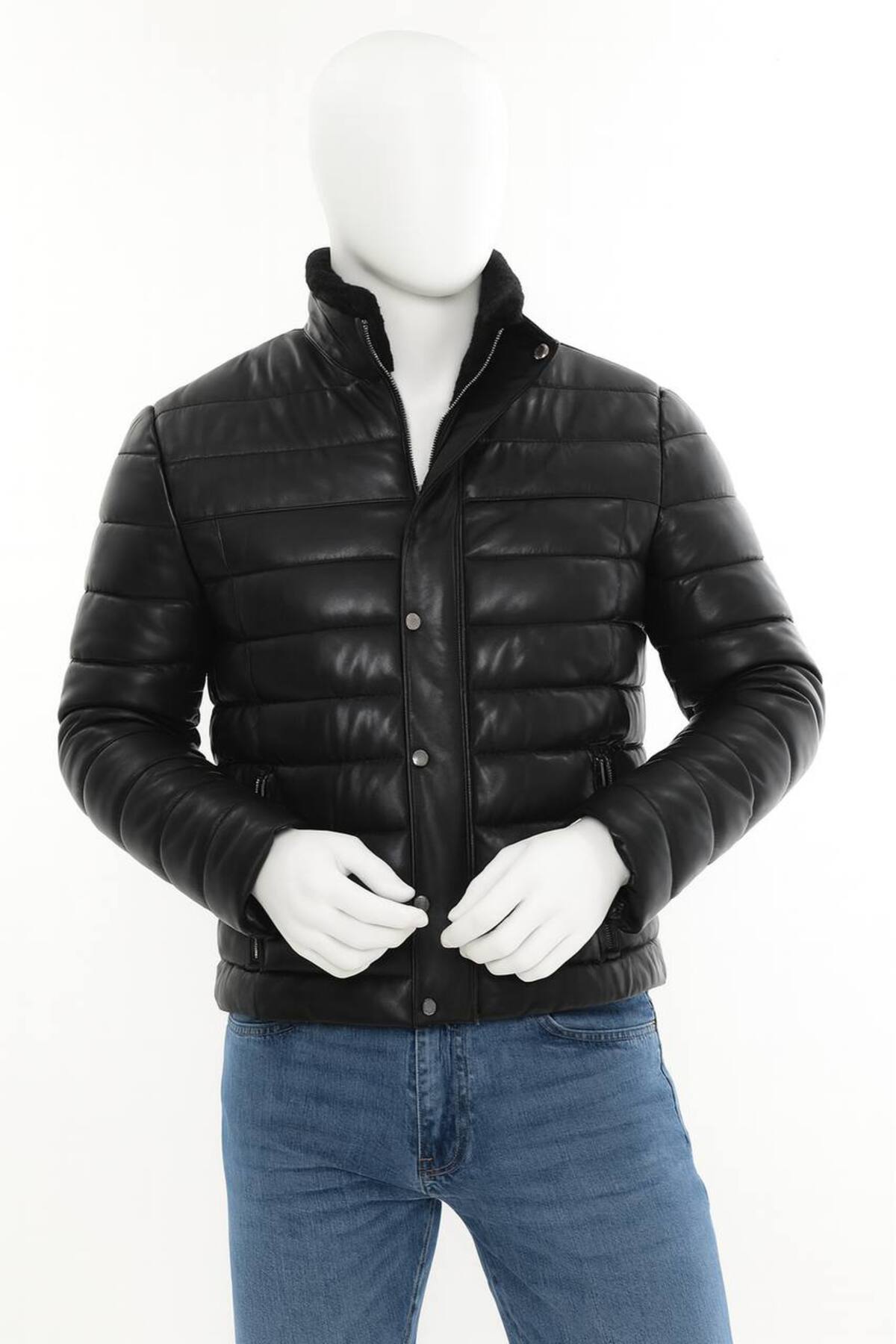 MODA  Erkek Siyah Hakiki Kuzu Derisi Şişme Deri Mont Ceket - Görsel 2