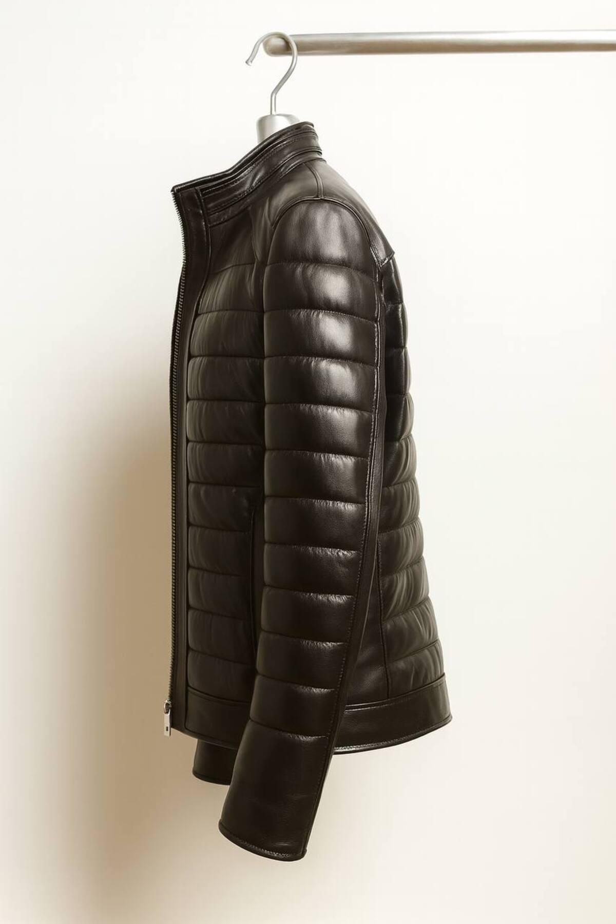 MODA  Erkek Siyah Şişme Hakiki Kuzu Derisi Fermuarlı Deri Mont Ceket - Görsel 3