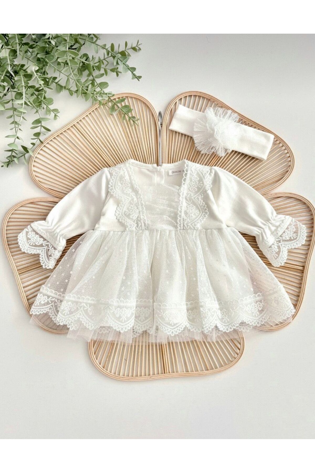 P&H BABYWEAR Almira Elbise %100 Pamuk Penye Tül Dantel Detaylı Yenidoğan Kız Bebek Mevlüt & Özel Gün Takımı fotoğrafı 4 (önizleme)