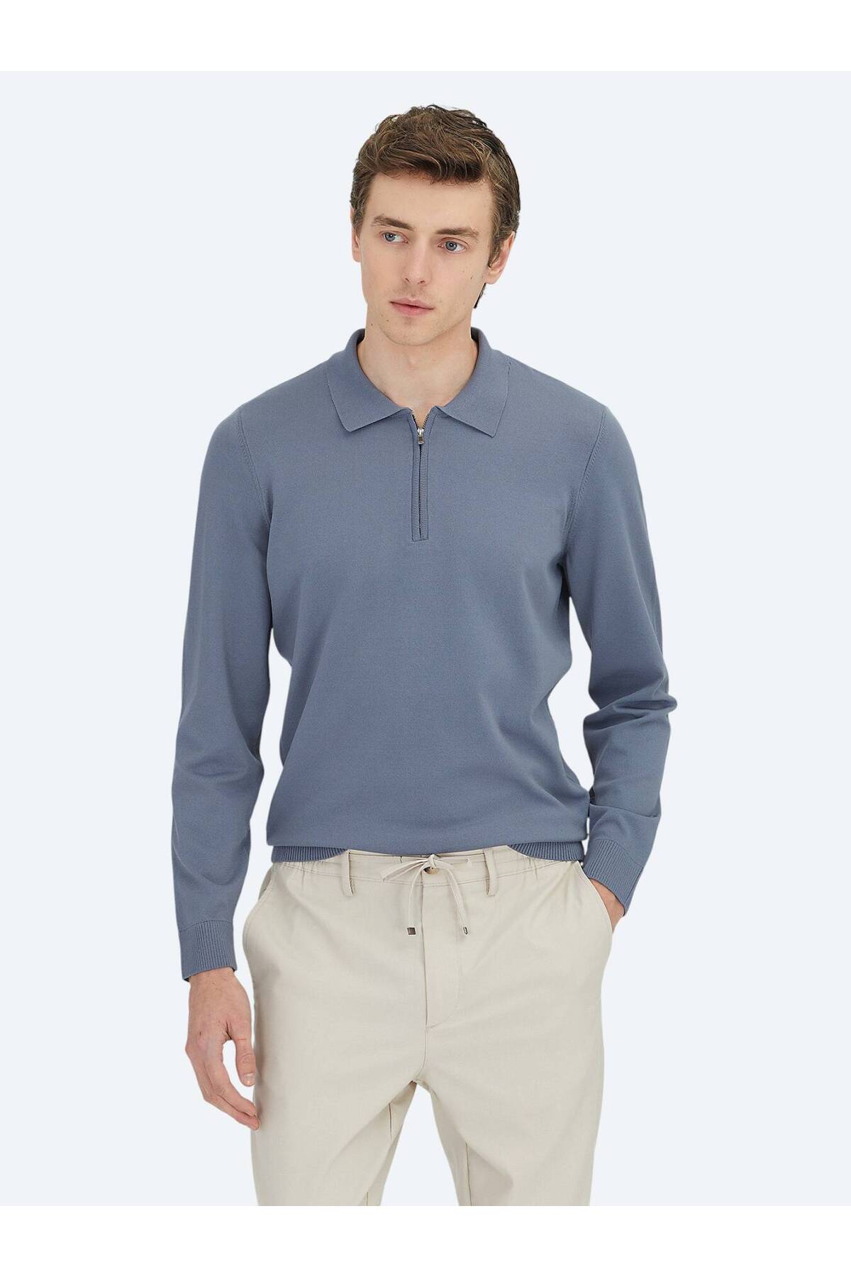 ژاکت بافتنی ساده یقه پولو آبی خلبانی Kip