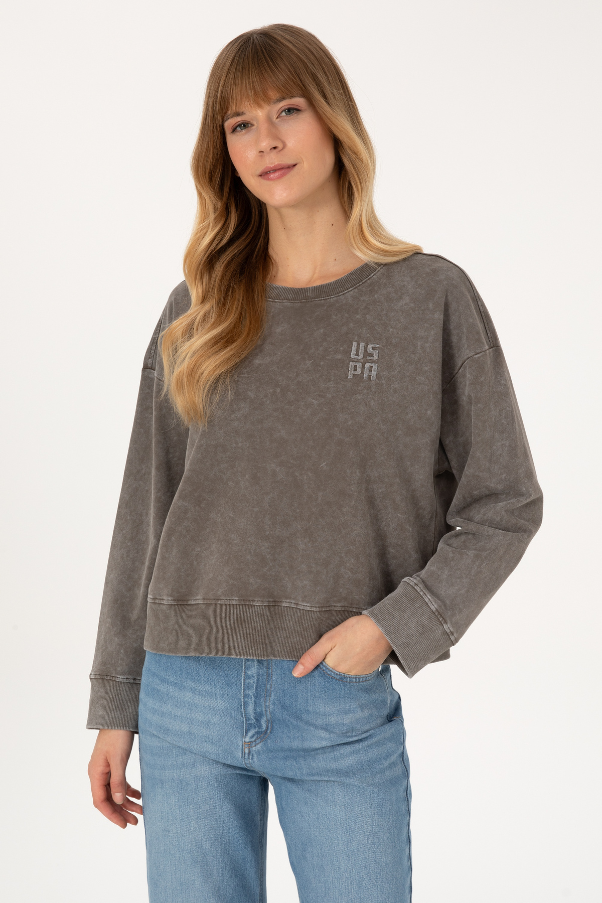 U.S. Polo Assn.  Kadın Vizon Yıkamalı Bisiket Yaka Sweatshirt 50314186-VR052