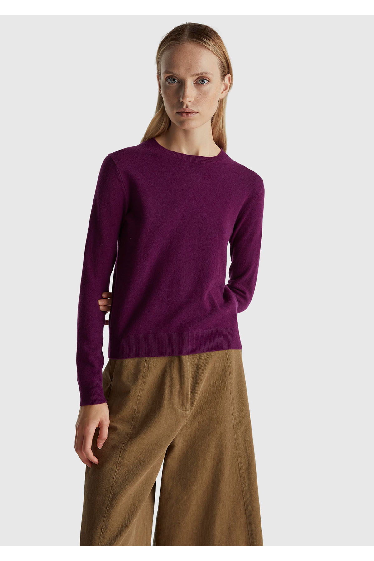United Colors of Benetton Kadın Mürdüm %100 Merino Bisiklet Yaka Kazak