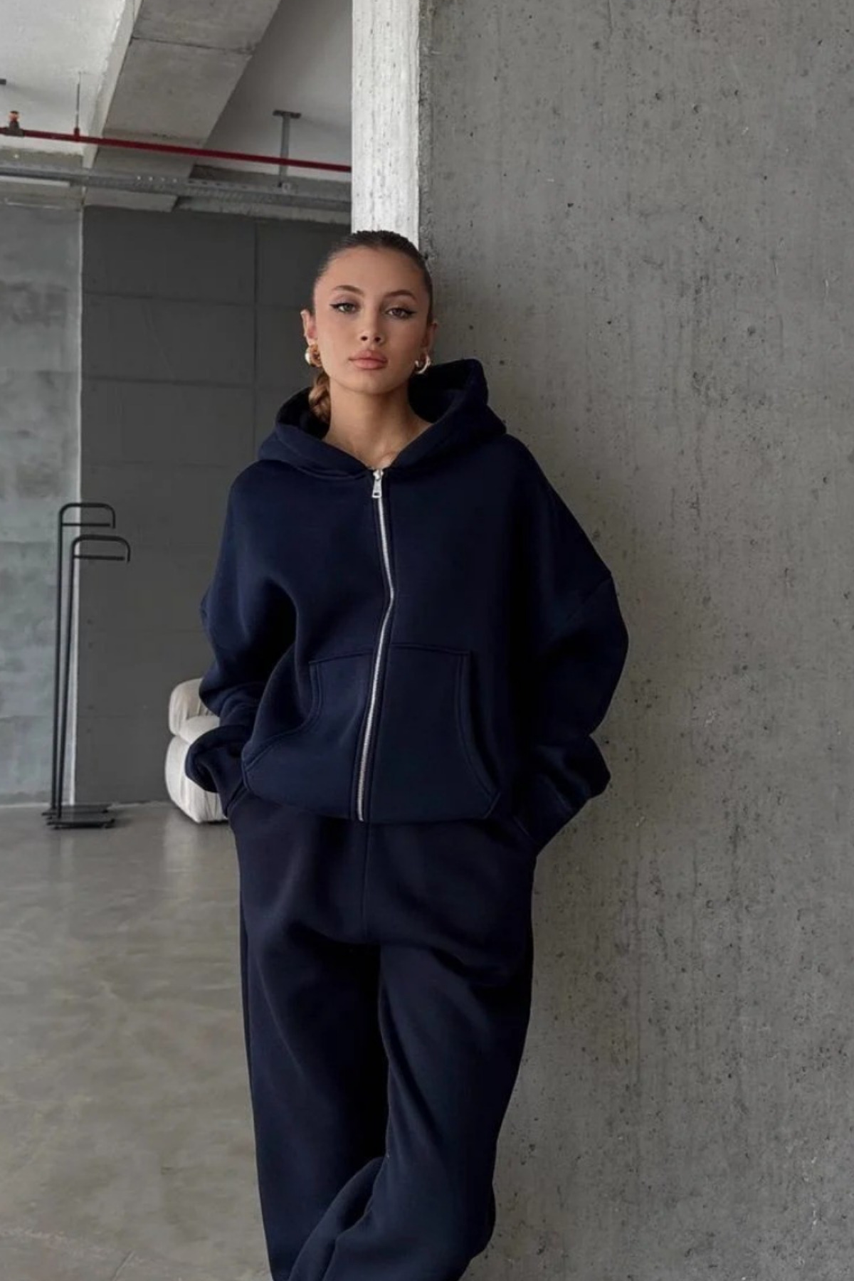 YAKAMEL  KADIN 3 İPLİK OVERSİZE FERMUARLI SWEATSHİRT HIRKA - Görsel 4