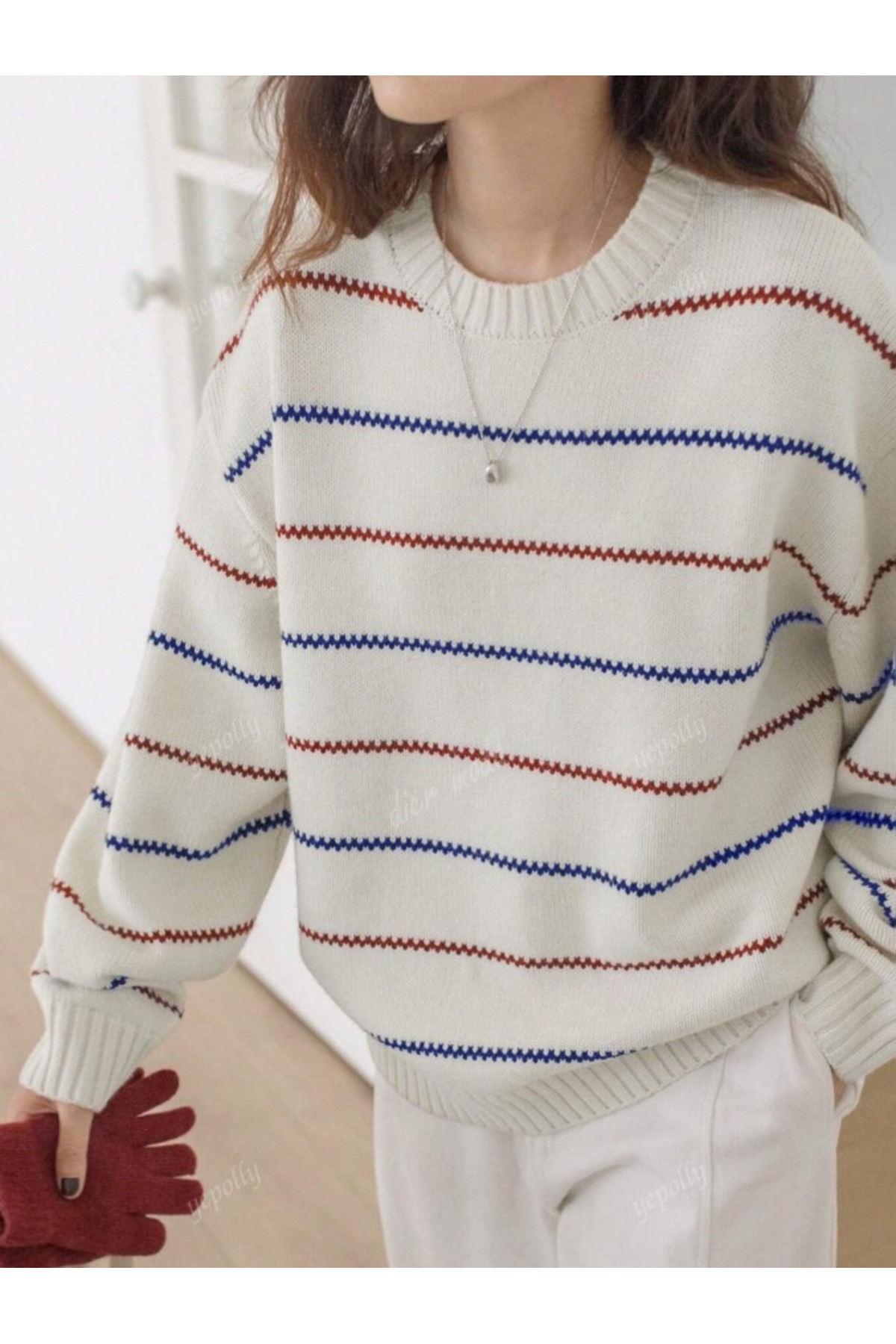 Dier Moda Kadın Oversize Triko Kazak, Beyaz Renkli Çizgili, Rahat ve Yumuşak Dokulu Fmoda1989 görsel 3