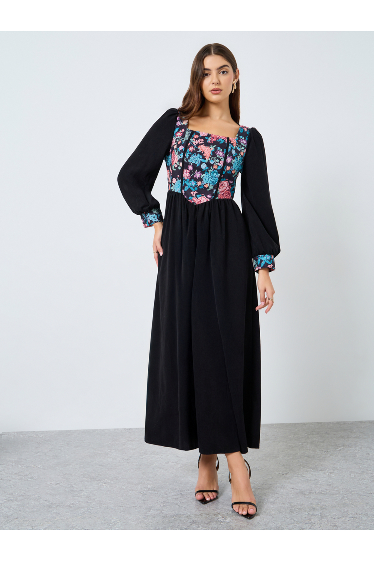 Take Two By Styli Floral Printed Square Neck Balloon Sleeve Midi Dress