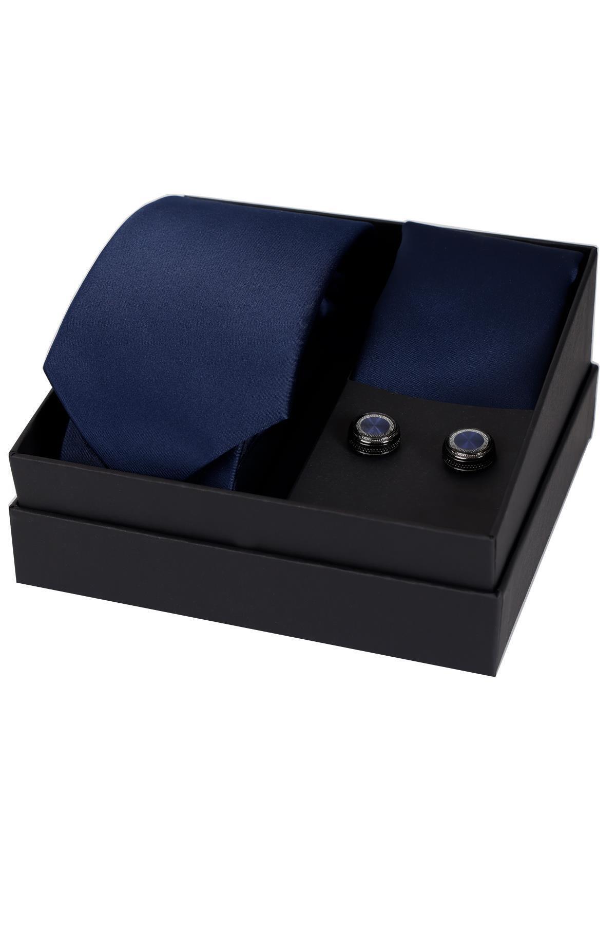  ست هدیه کراوات، دستمال گردن و دکمه سرآستین ساتن سرمه‌ای دست‌ساز ۸ سانتی‌متری HSET:114