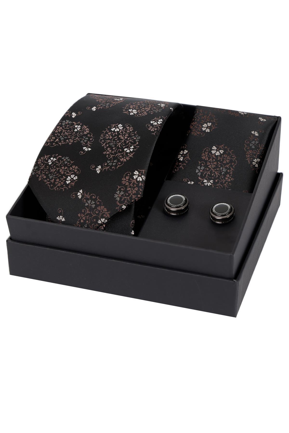  ست هدیه کراوات، دستمال و دکمه سرآستین طرح قطره‌ای مشکی قهوه‌ای دست‌ساز ۸ سانتی‌متری HSET:130