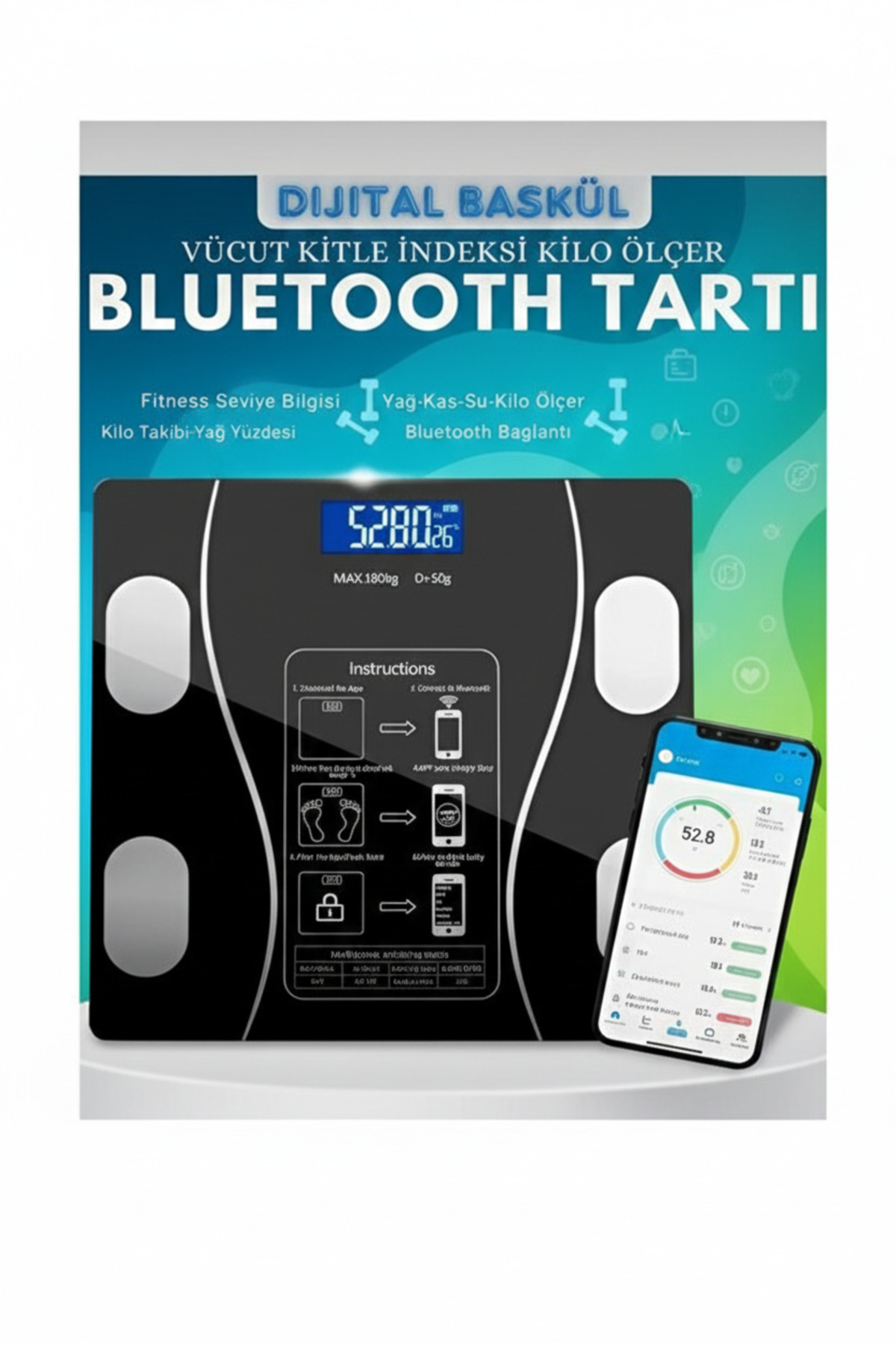 Novazay Akıllı Dijital Vücut Analiz Tartısı-Yağ,Kas,Su Oranı Ve Bmı Ölçümü Mobil Uygulama Özelliği