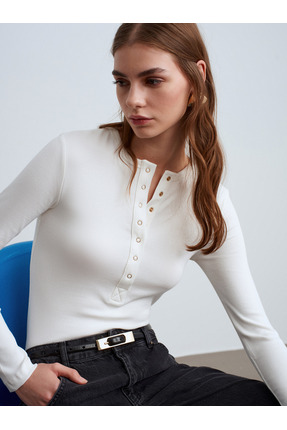 Dilvin 32024 Çıtçıtlı Modal Karışımlı Top-Ekru