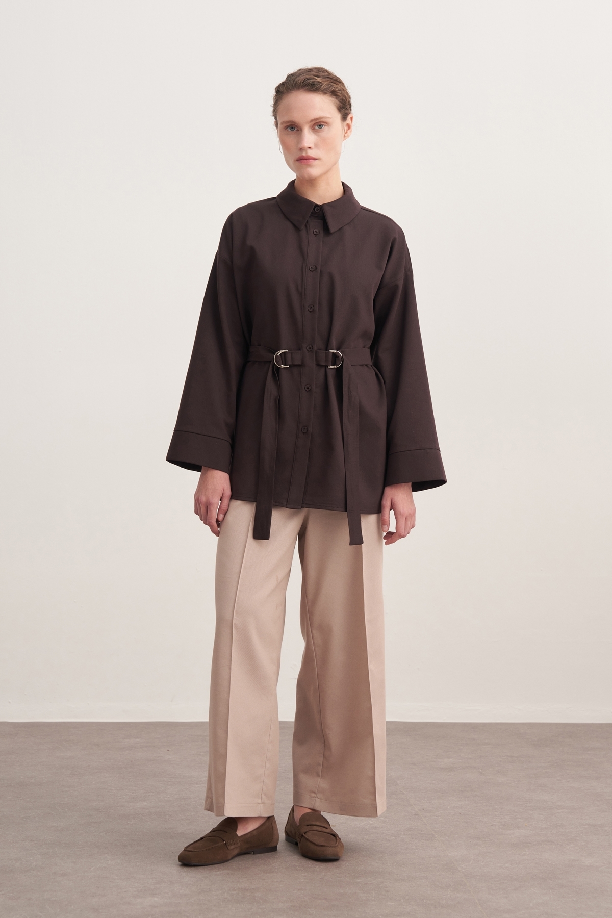 ebu prive  Kadın Gabardin Kemerli Gömlek Kahve