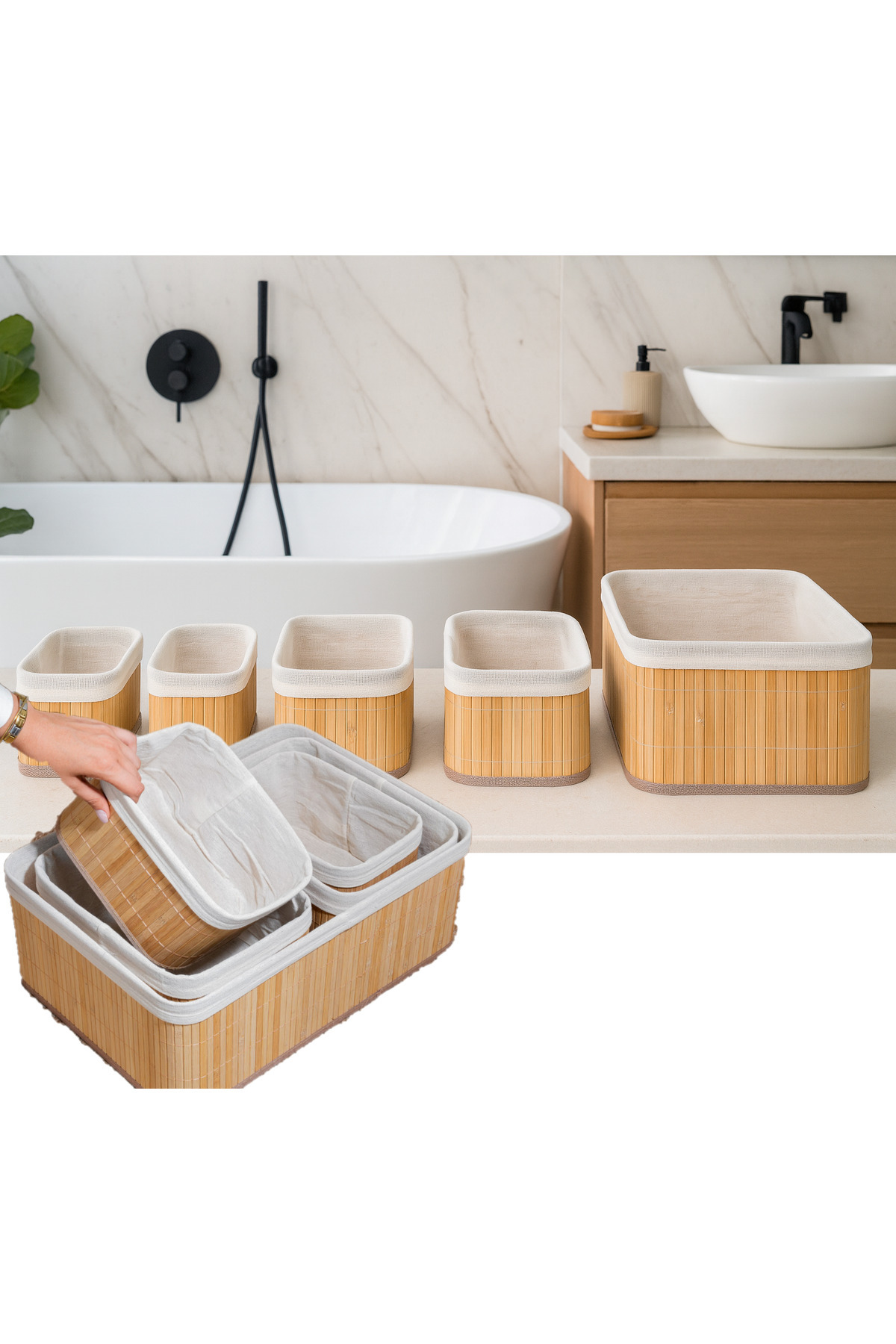 5-Piece Bamboo Wicker Basket Multipurpose Bamboo Wicker Basket Bathroom Basket Bathroom Organizer