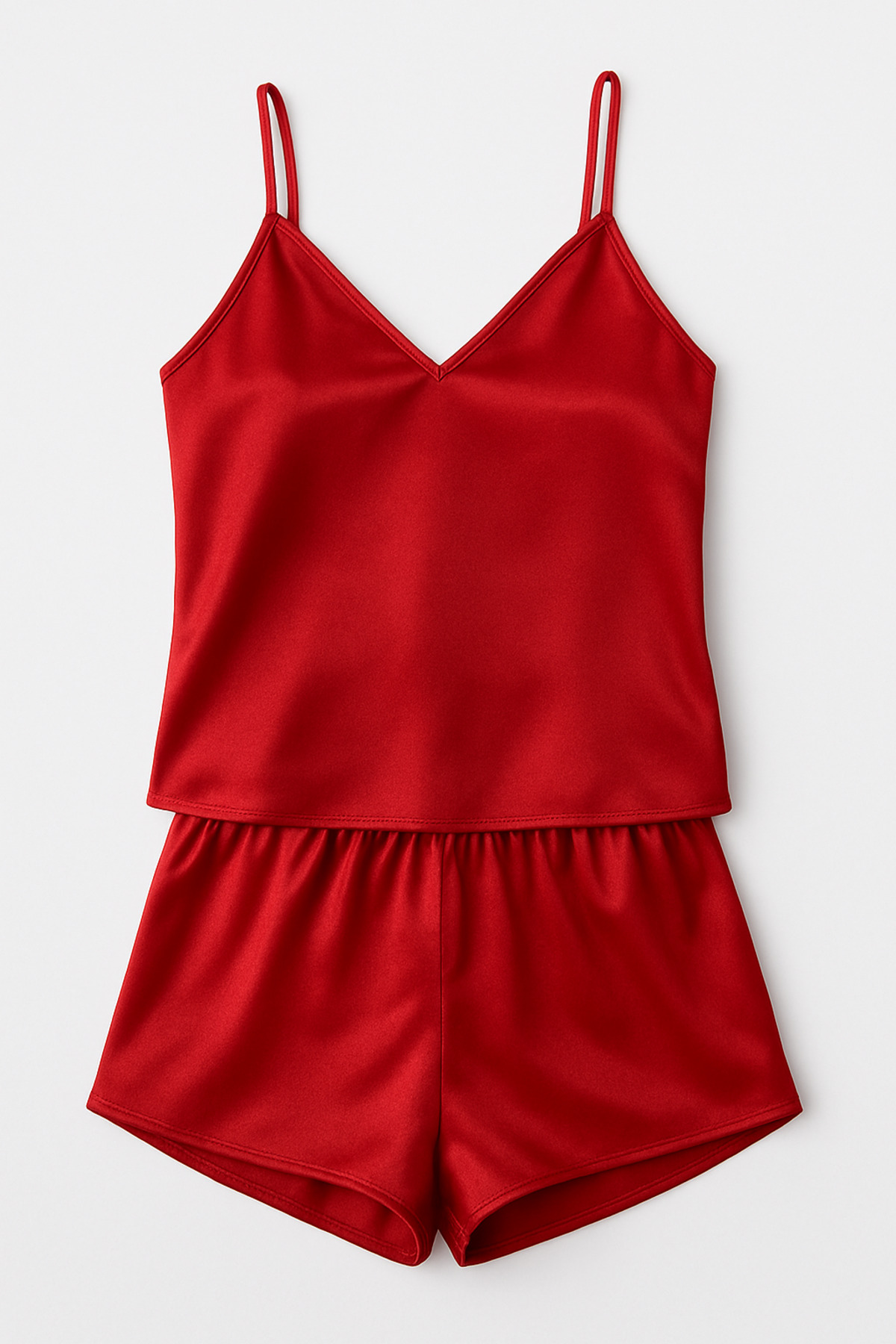 Visatin Lingerie Kadın Kırmızı Saten Askılı Şortlu Gecelik Takımı