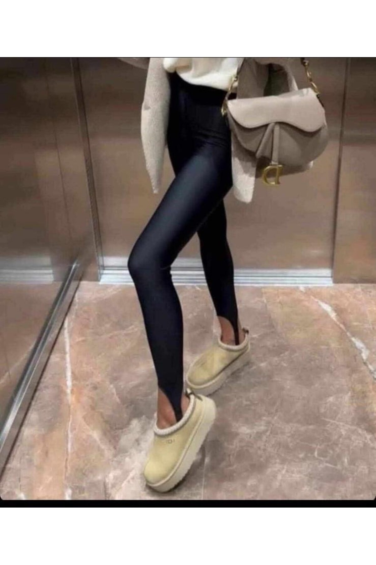 ANATOLIATEKSTILE Μαύρα γυαλιστερά κολάν με ταινία κάτω από τα πόδια