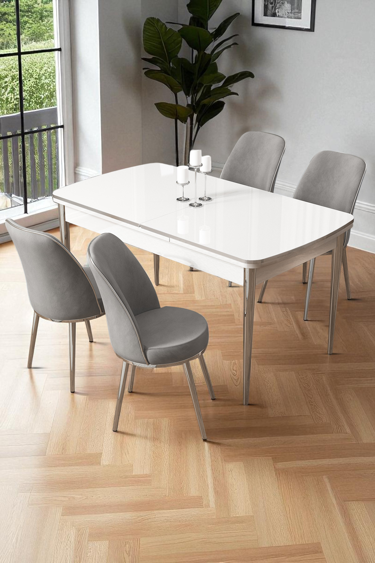 Canisa Nira Serisi 70x114 Mdf Açılabilir Beyaz Mutfak Masa Takımı 4 Gri Sandalye Krom Detay