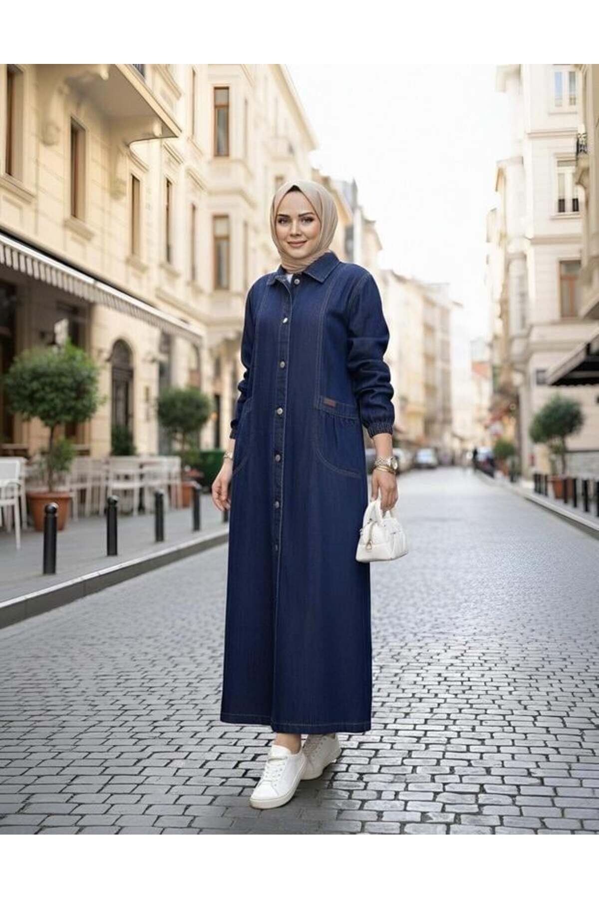 Hb Harma Time Butik  Kadın Düğmeli Cepli Kar Yıkamalı Denim Lacivert Kot Kap - Görsel 4