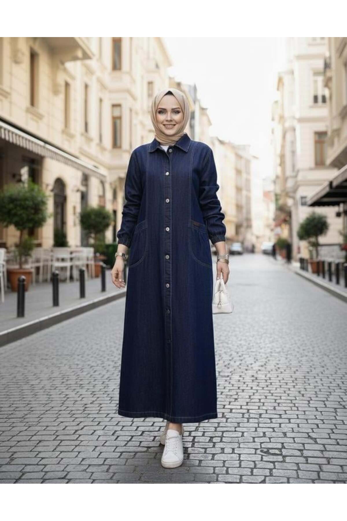 Hb Harma Time Butik  Kadın Düğmeli Cepli Kar Yıkamalı Denim Lacivert Kot Kap - Görsel 3