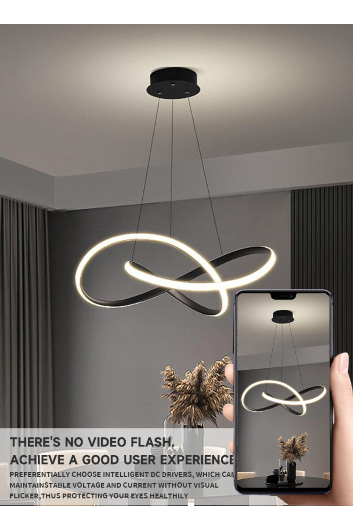 ثريا معلقة LED بتصميم لا نهائي أسود، مودرن لغرفة ا...