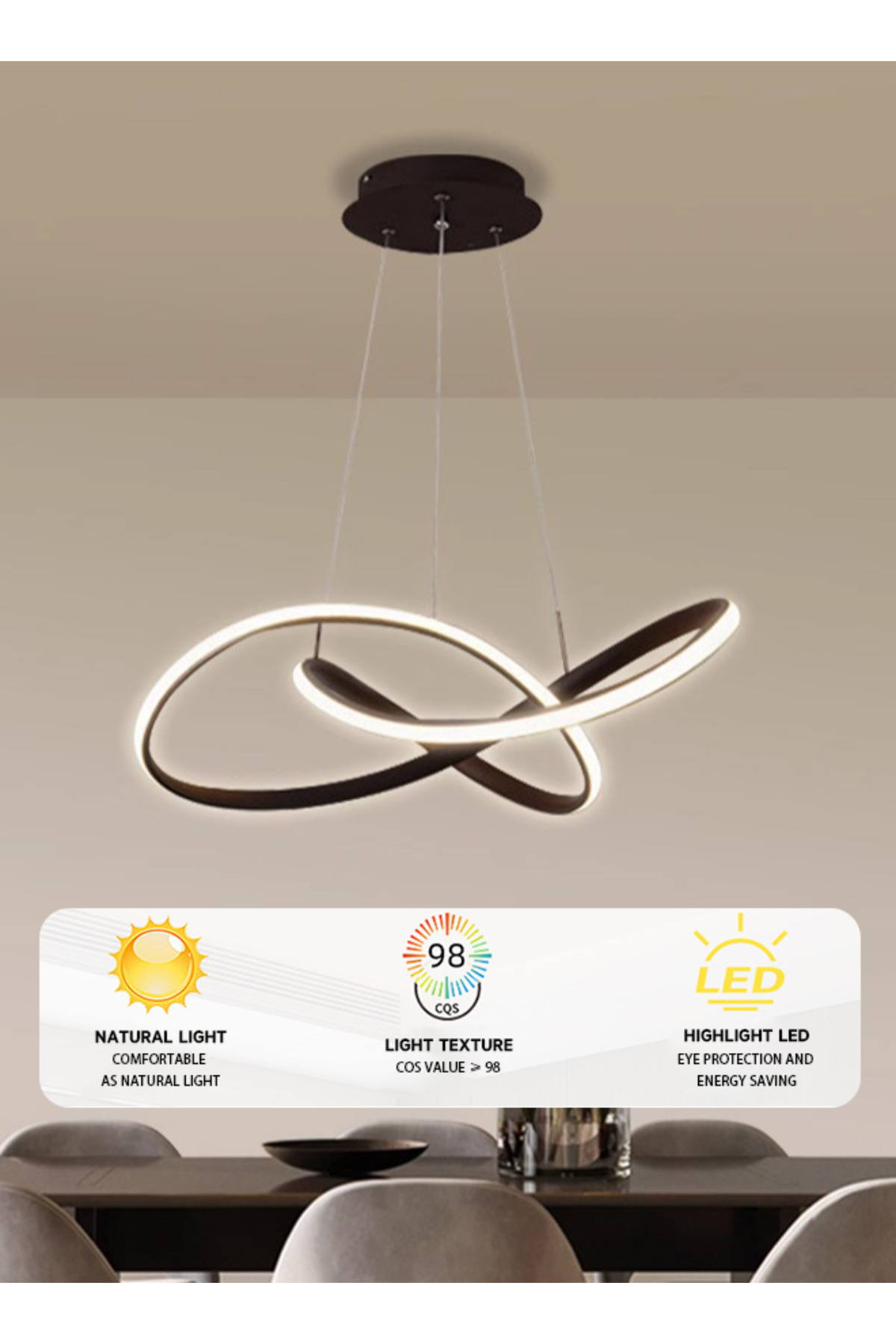 ثريا معلقة LED بتصميم لا نهائي أسود، مودرن لغرفة ا...