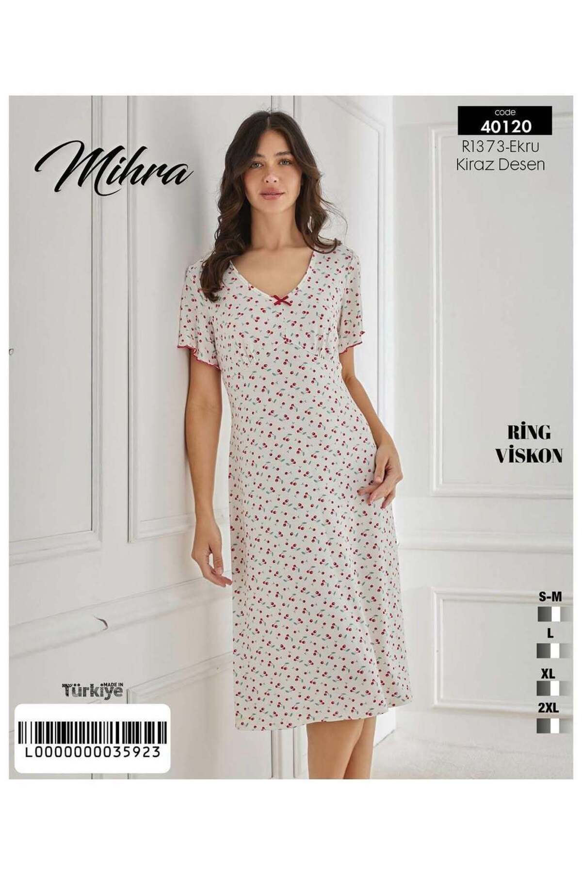 Mihra Kiraz Desenli Viskon Kumaş Kadın Gecelik