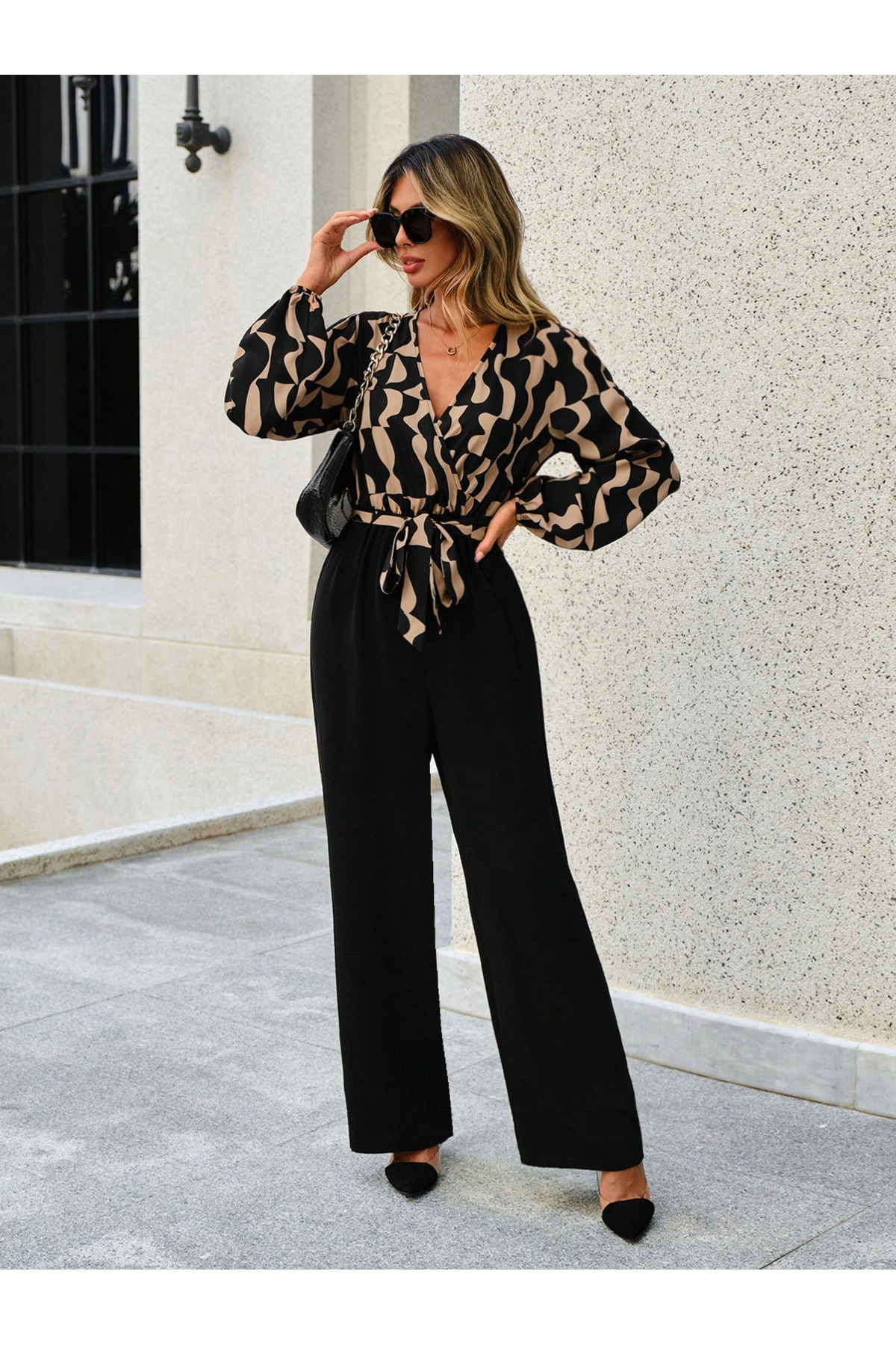 Women's Long Sleeve Wrap Collar Waistband Top Diver Bottom Imported Crepe Jumpsuit