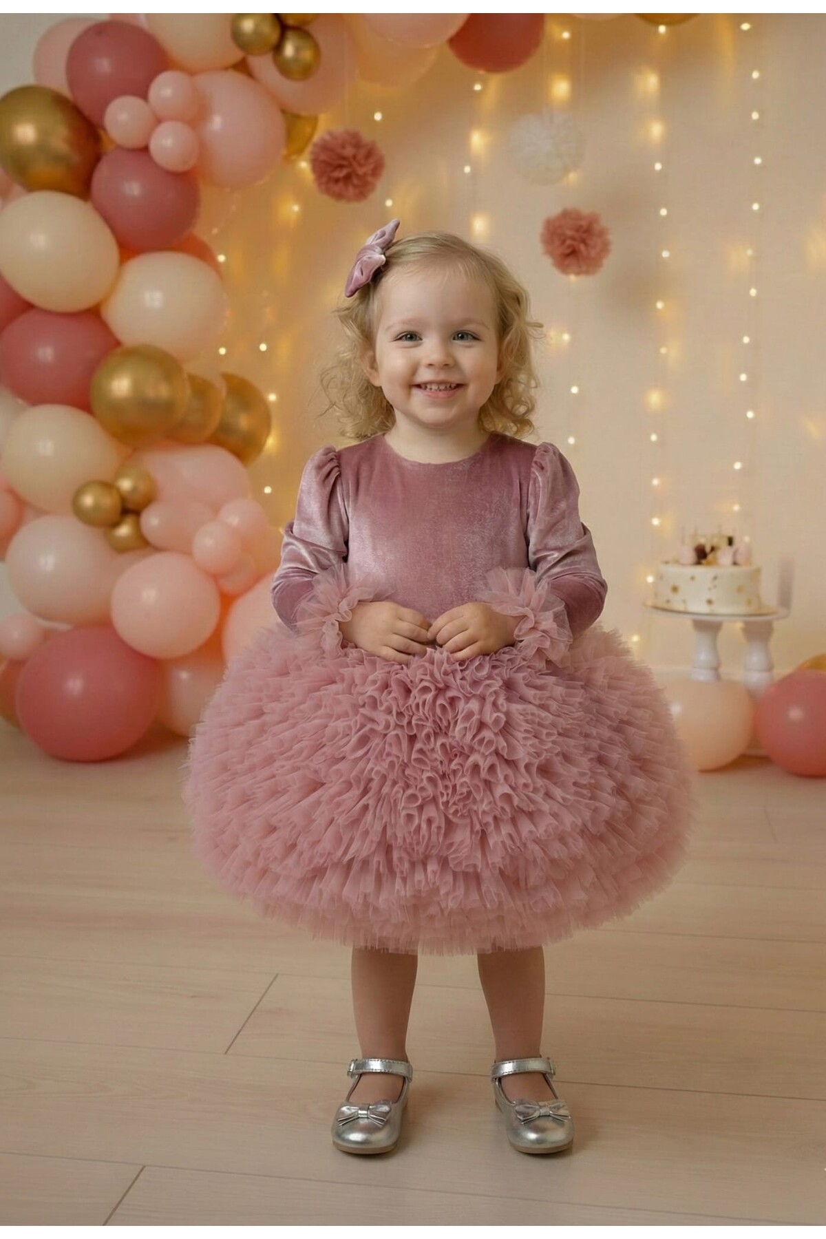 penu baby kids Gül Kurusu Kadife Kumaş Uzun Kollu Tütülü Kız Bebek Elbise - Velvet fotoğrafı 2 (önizleme)