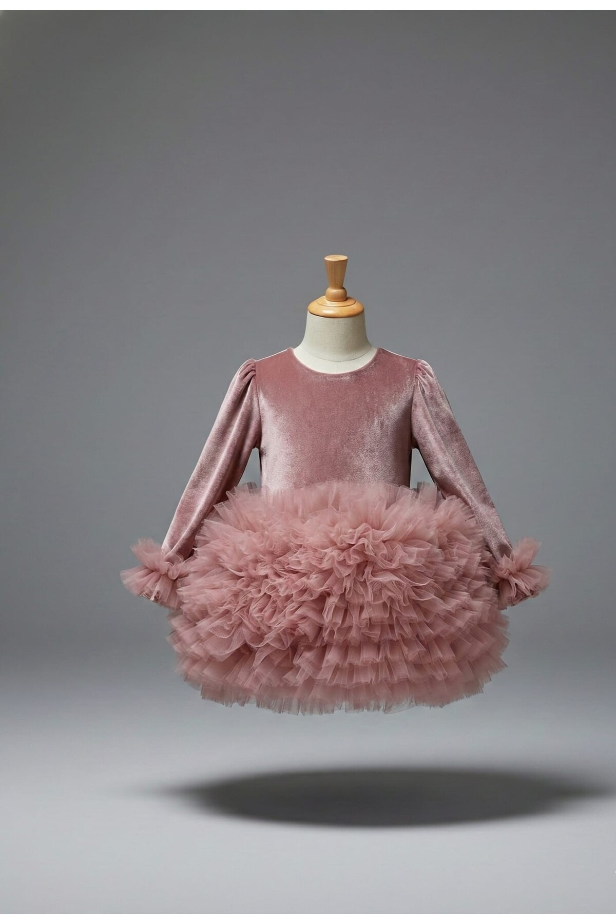 penu baby kids Gül Kurusu Kadife Kumaş Uzun Kollu Tütülü Kız Bebek Elbise - Velvet fotoğrafı 5 (önizleme)