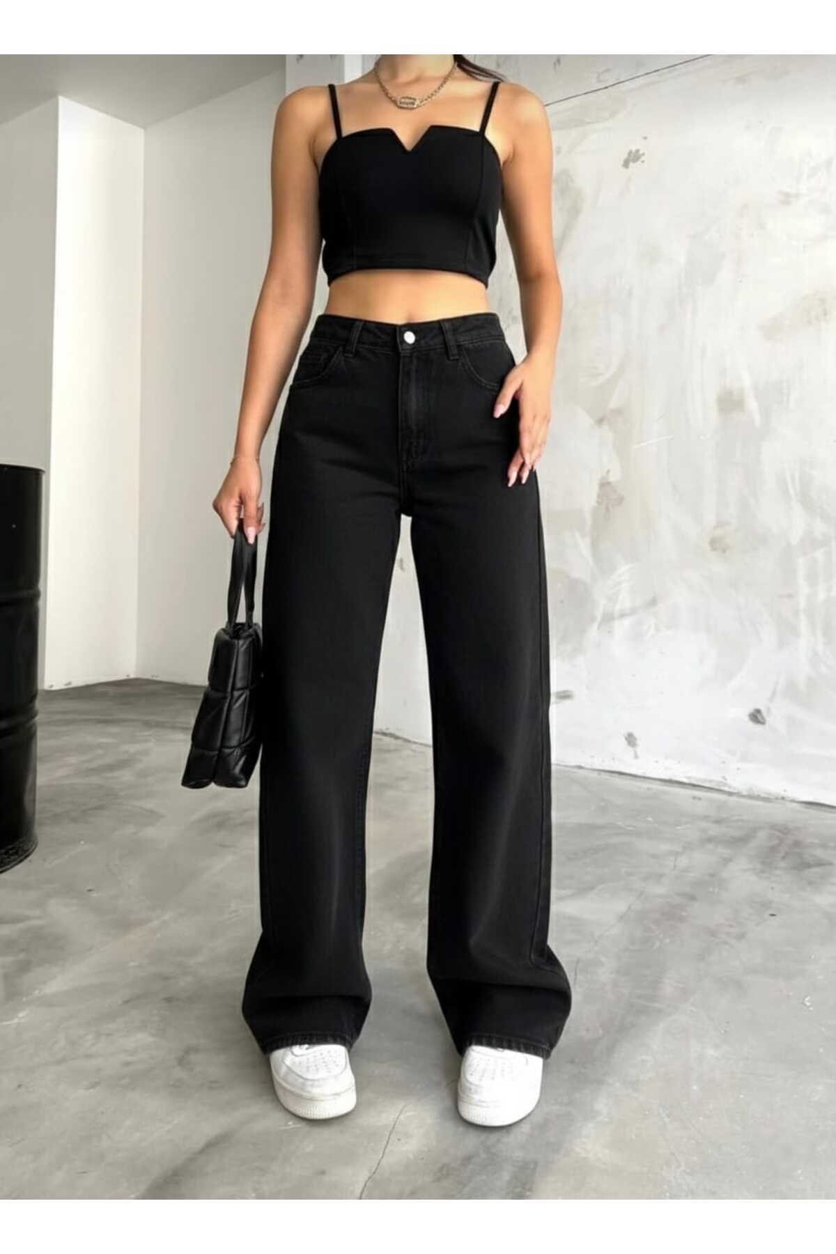 NWC  Natalya Likralı Kadın Siyah Süper Yüksek Bel Salaş Paça Denim Salaş Palazzo Pantolon - Görsel 5
