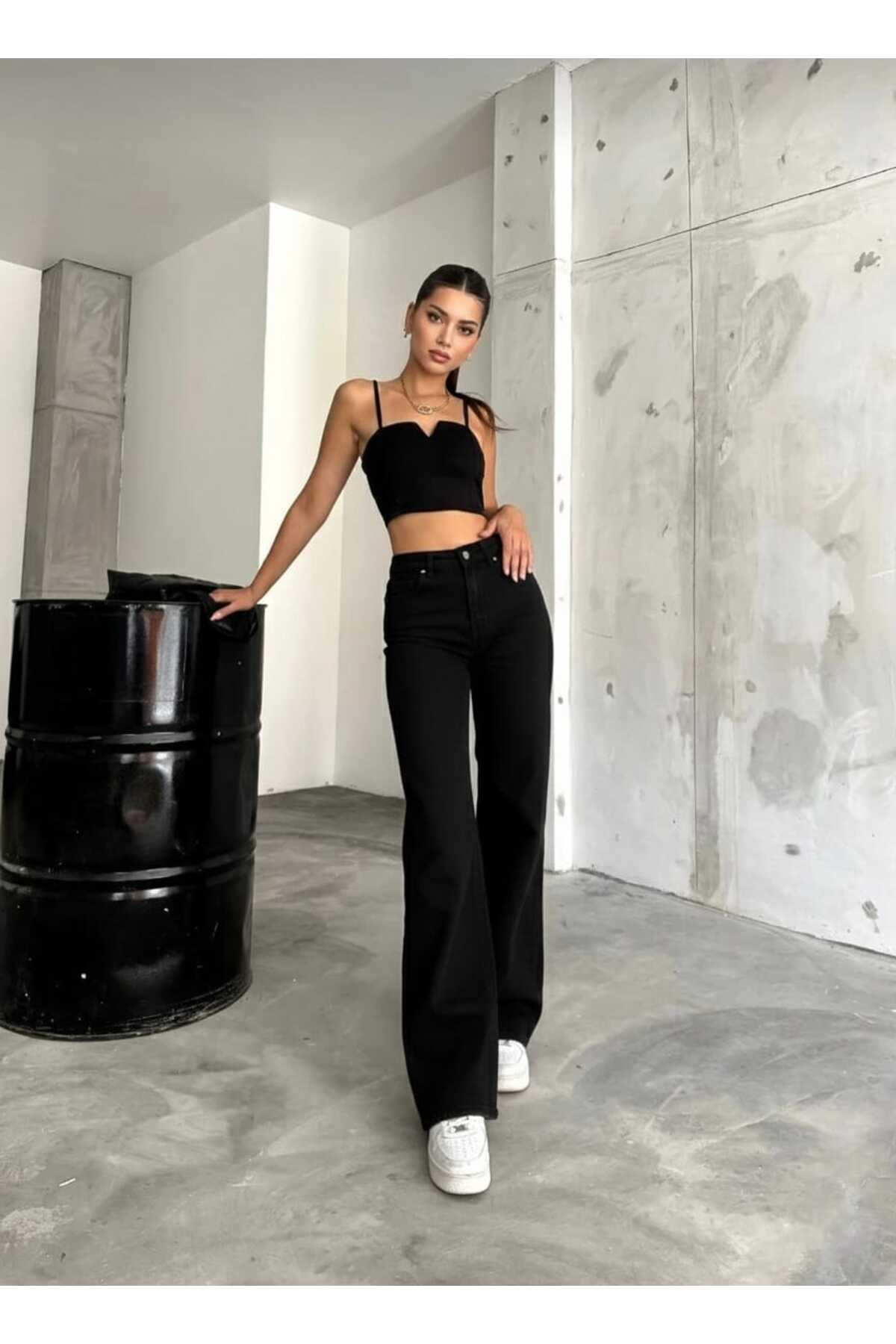 NWC  Natalya Likralı Kadın Siyah Süper Yüksek Bel Salaş Paça Denim Salaş Palazzo Pantolon - Görsel 8